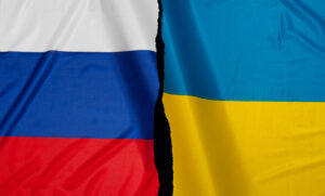 ロシアの国旗とウクライナの国旗が半分を占めているもの