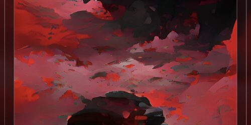 空が赤くて大きな岩のようなものが描かれているイラスト