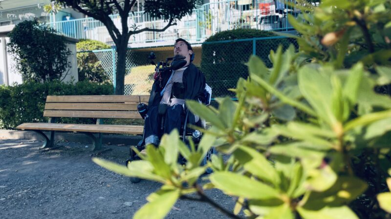 公園のベンチの横にいる僕を葉っぱ越しに撮影したもの