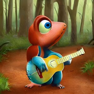 森の中でギターを弾いているバンドザウルスミニ