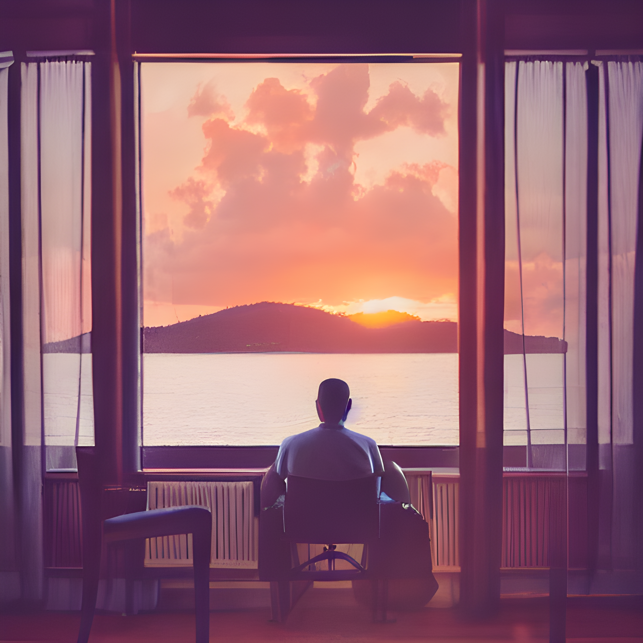 窓の外の夕日と雲を椅子に座って眺めている男性を描いたAIアート