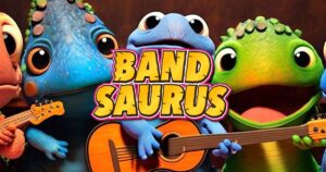 “BAND SAURUS”のロゴの後ろに五体のバンドザウルスミニが並んでいるイラスト