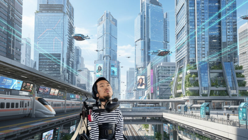 AIで生成した、近未来の街にいる僕