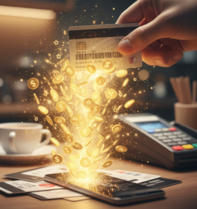 スマホからポイントが溢れ出て、カードに飛んでいる画像