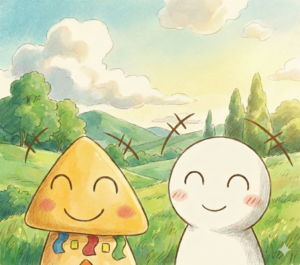 森の前にくらっかーくんとシロコさんがいる画像