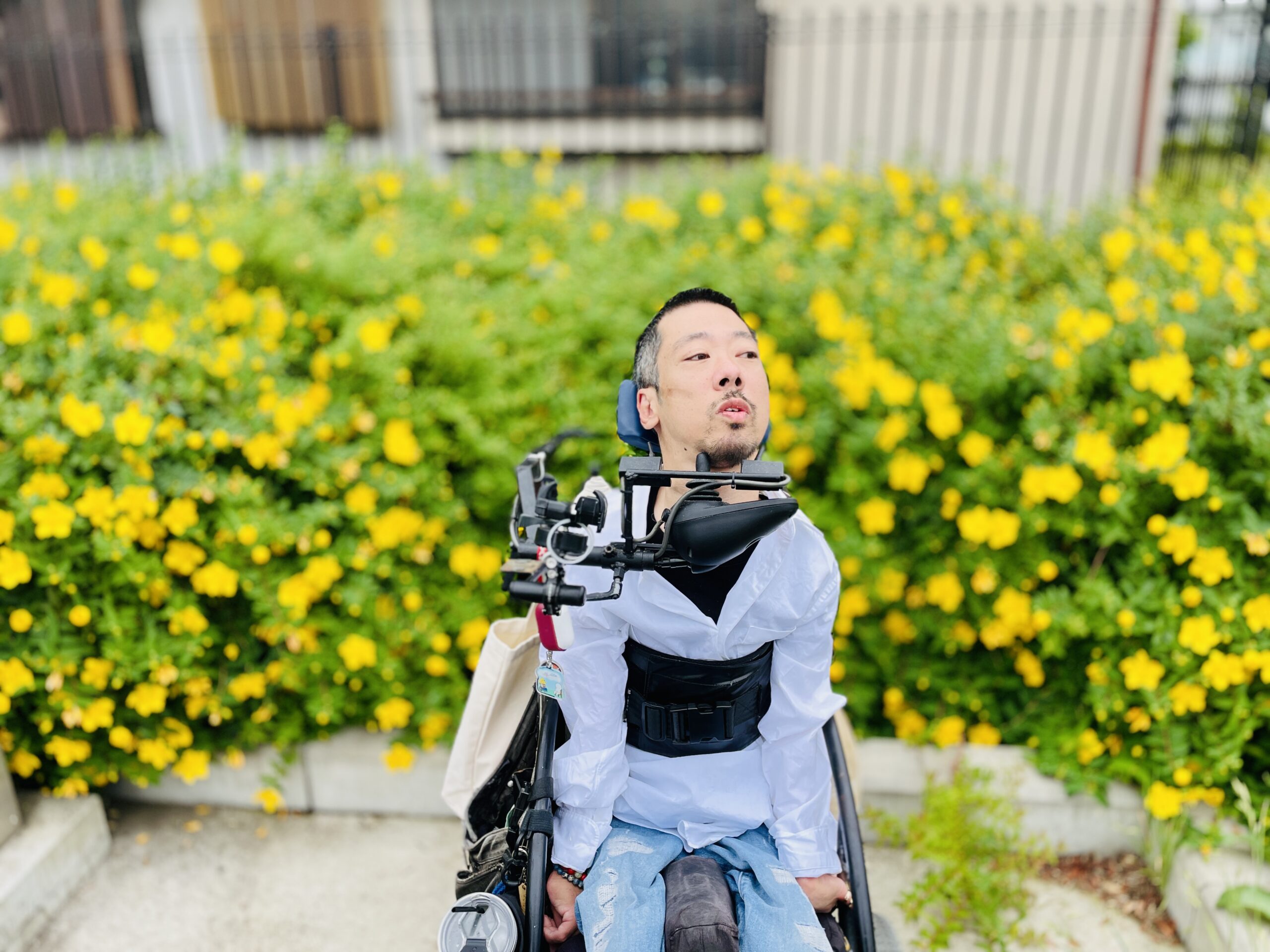 黄色い花の前にいる僕
