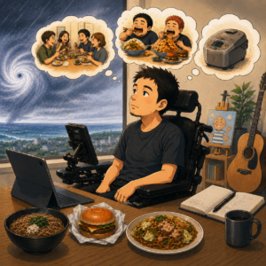 食べ物を前にして考え事をしている僕のイラスト